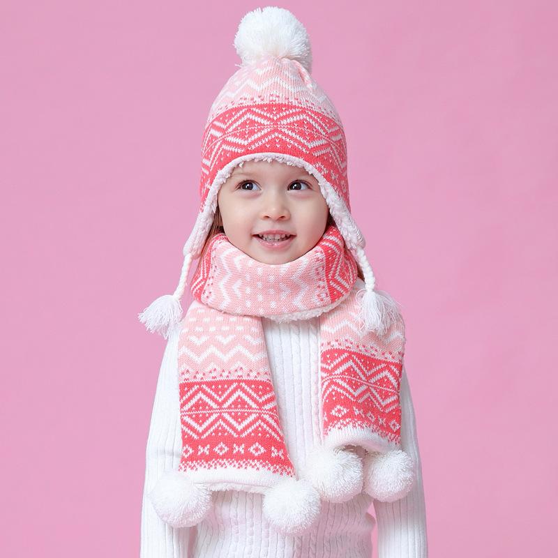 Niña sombrero bufanda Set invierno lana otoño gorro de punto cálido pompón acrílico esquí al aire libre Niño Accesorios para niños: 50-52cm  3-4years