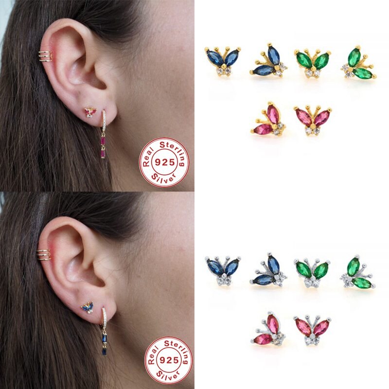 S925 argent Sterling boucle d'oreille luxe arc-en-ciel Zircon papillon boucle d'oreille pour femme dames boucle d'oreille Pendientes Brincos bijoux