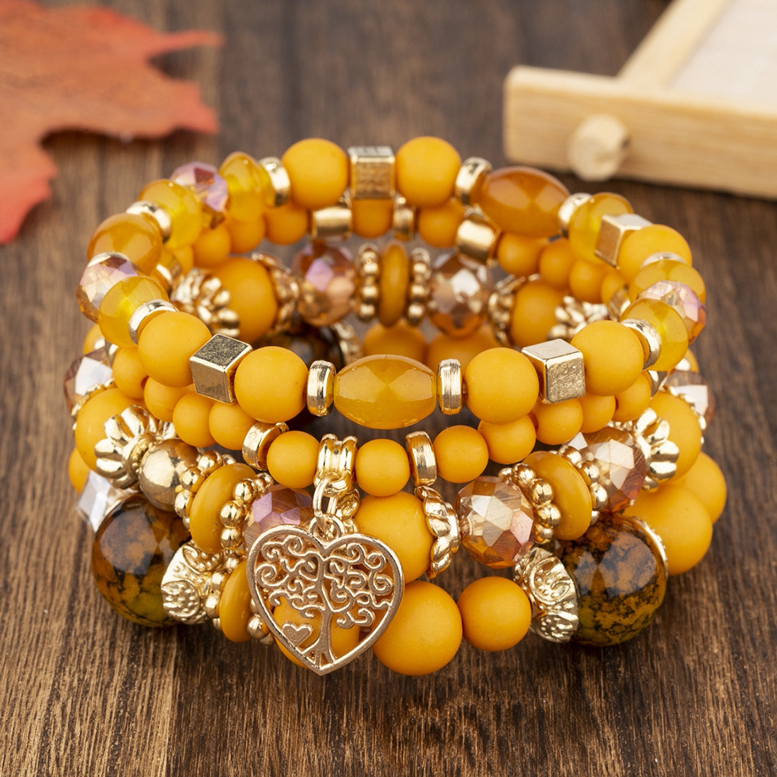 Conjunto de pulsera de corazón de árbol de la vida para mujer, cadena de cuentas de cristal acrílico, brazalete elástico, joyería de de femenina, 4 Uds.: Rojo óxido