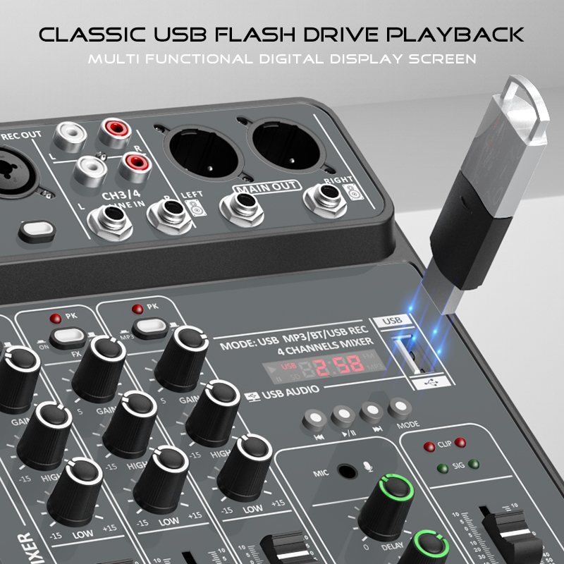 4 Channel Audio Mixer 48V Phantom Power USB Studio Sound Mixers Bluetooth DJ Console Mixing for Karaok