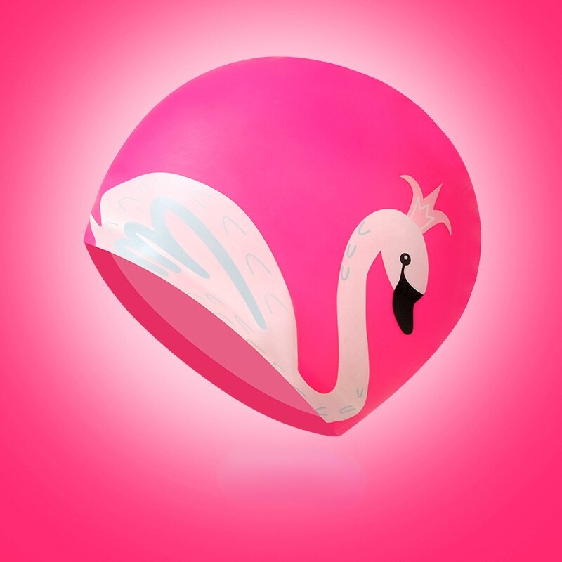 Children's silicone swimming cap boys and girls long hair waterproof ear protection not strangle head cute swimming cap: rose swan