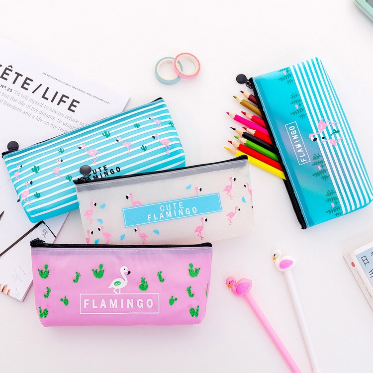 Estuche de lápices Kawaii de flamencos, Estuches de de PVC, caja de lápices escolares, bolsa de lápices, suministros escolares, papelería, 1 ud.