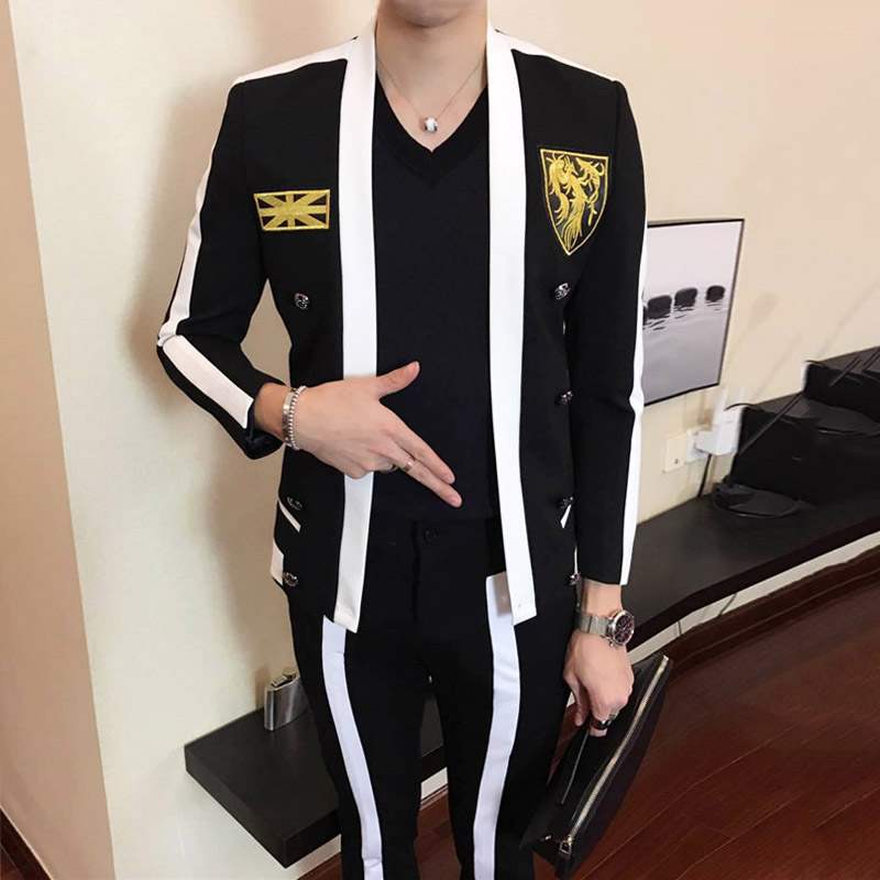 Gold Embroidery Badge Dress Wedding Blazer Men Groom Contast Black White Stripe Jacket Men Spring Autumn Korean Wear