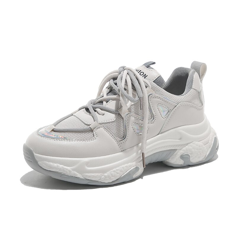Fujin sneakers dam sommar vita platta skor snörning slip plattform tjock botten kvinnor fritidsskor: Grå / 8.5