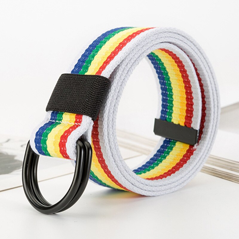 Kvinnor nylon canvas regnbåge långt bälte dubbel d metall svart spänne midjeband 16 stilar jeans vävd midjerem cinturon mujer: Vit regnbåge