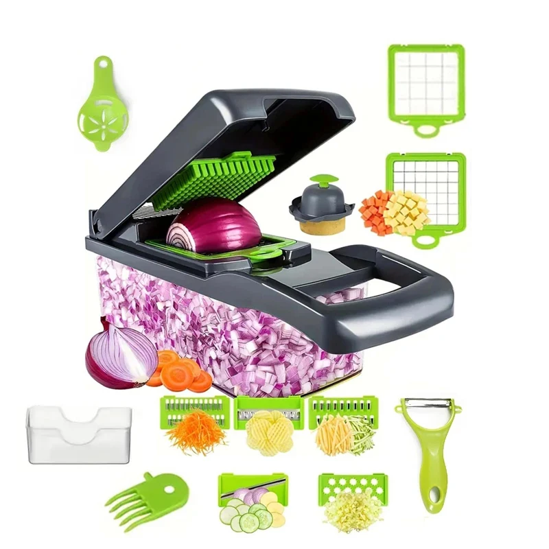 14/16 in 1 Multifunctional Vegetable Chopper Onion Chopper Handle Food Grate Food Chopper Kitchen Vegetable Slicer Dicer Cut: light green