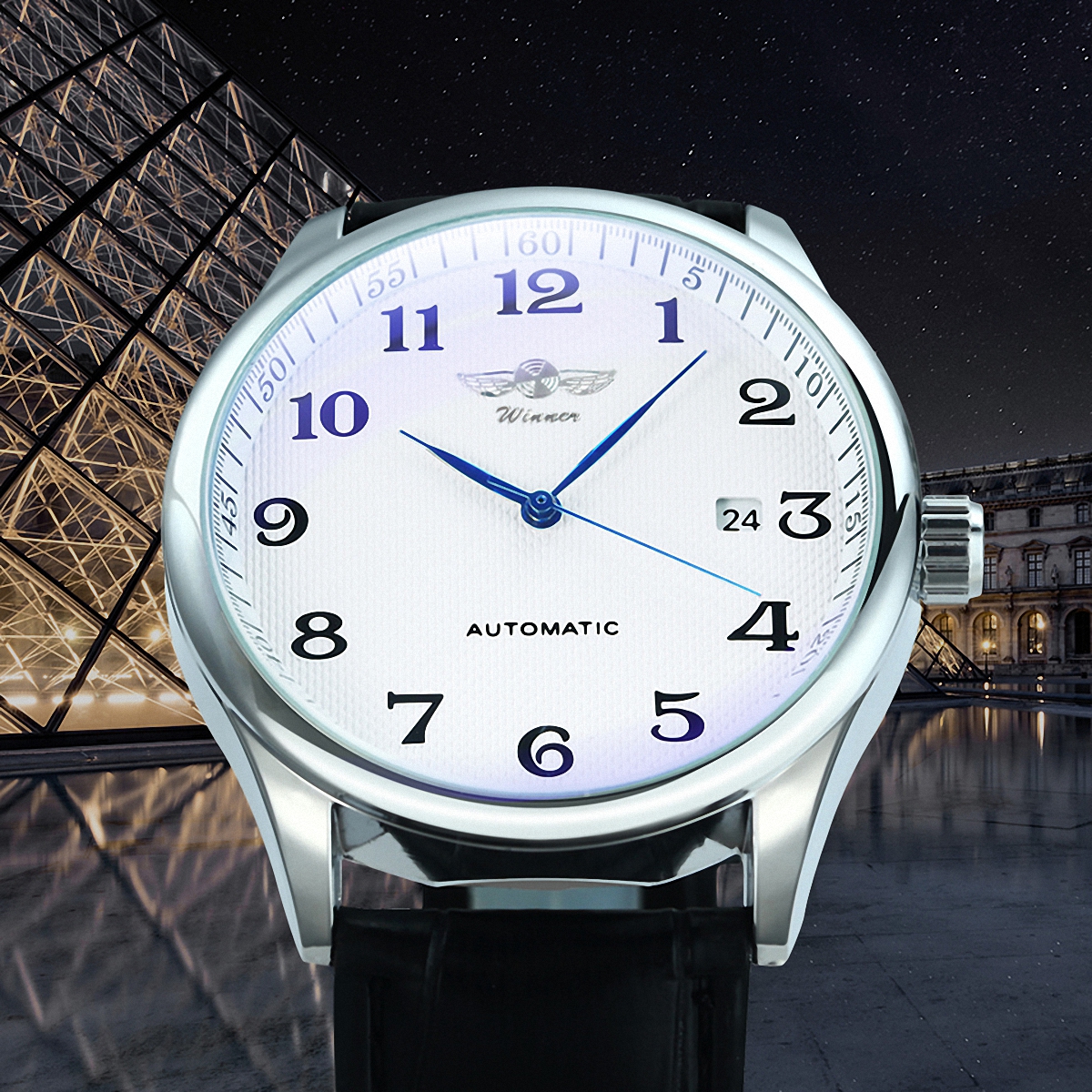 Winner Klassische Business-Armbanduhr für Herren, Retro-Kalender, blaue Zeiger, automatische mechanische Uhren, Top, Luxus-Stahl-Ledergürtel