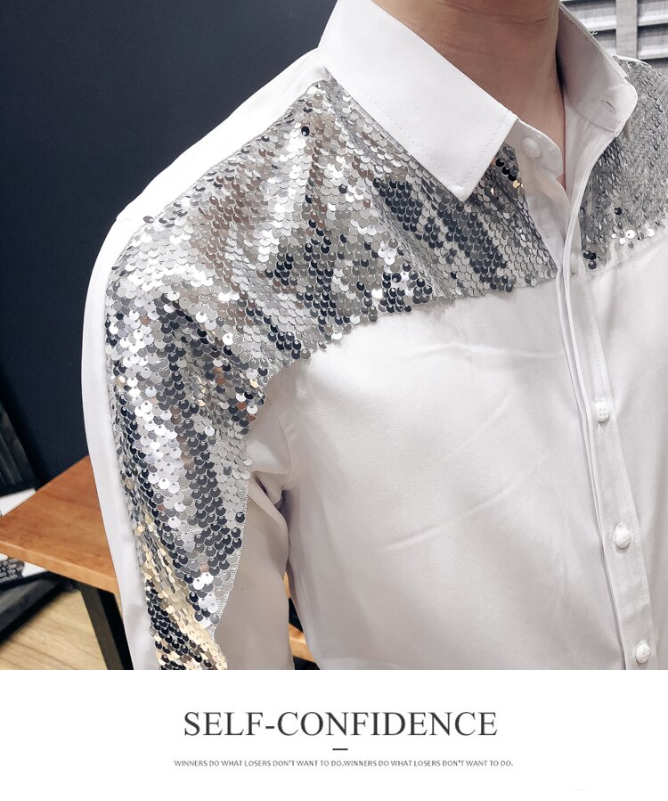 Men&#39;s Sleeve Shirt Personality Sequins Splicing Nightclubs DJ Men&#39;s Trends Youth Slim Handsome Hair Stylist Costumes