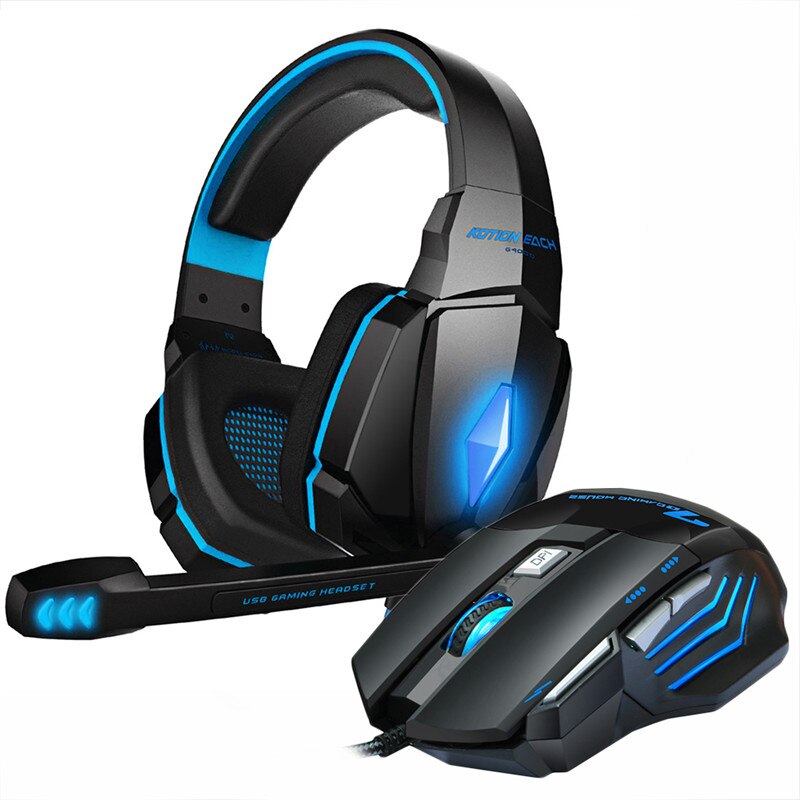 Gaming Headphones Headset wired Stereo with microphone big Earphone +Gaming Mouse 5000 DPI Mice Wired USB for PC Pro Gamer: G4000 blue mmr3