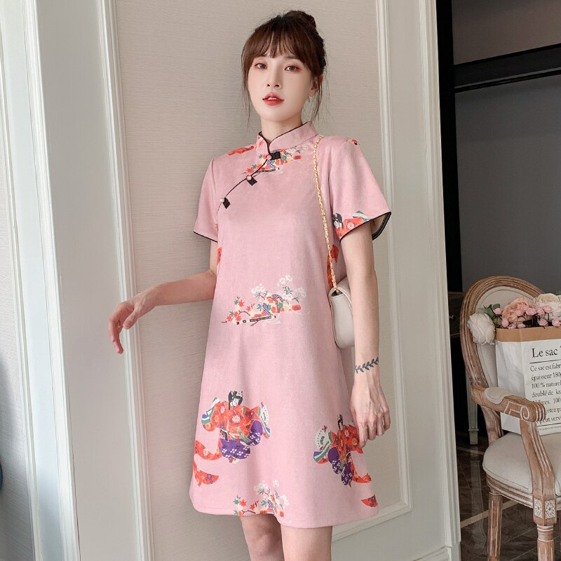 Plus Size M-4XL Peking Opera Print Pink Modern Cheongsam Dress for Women Short Sleeve Qipao Traditional Chinese Clothes