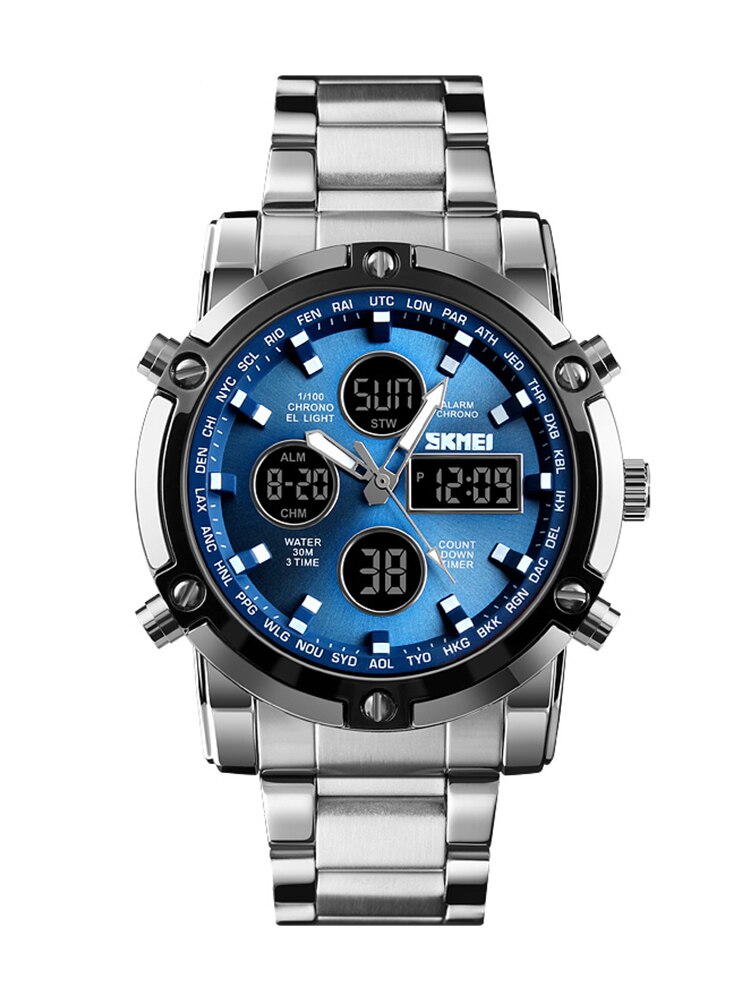 Skmei 3-malige Hintergrund beleuchtung Digitaluhren Herren Vollstahlband-Quarz-Armbanduhr Countdown-Uhr relogio maskulino: Bronze-