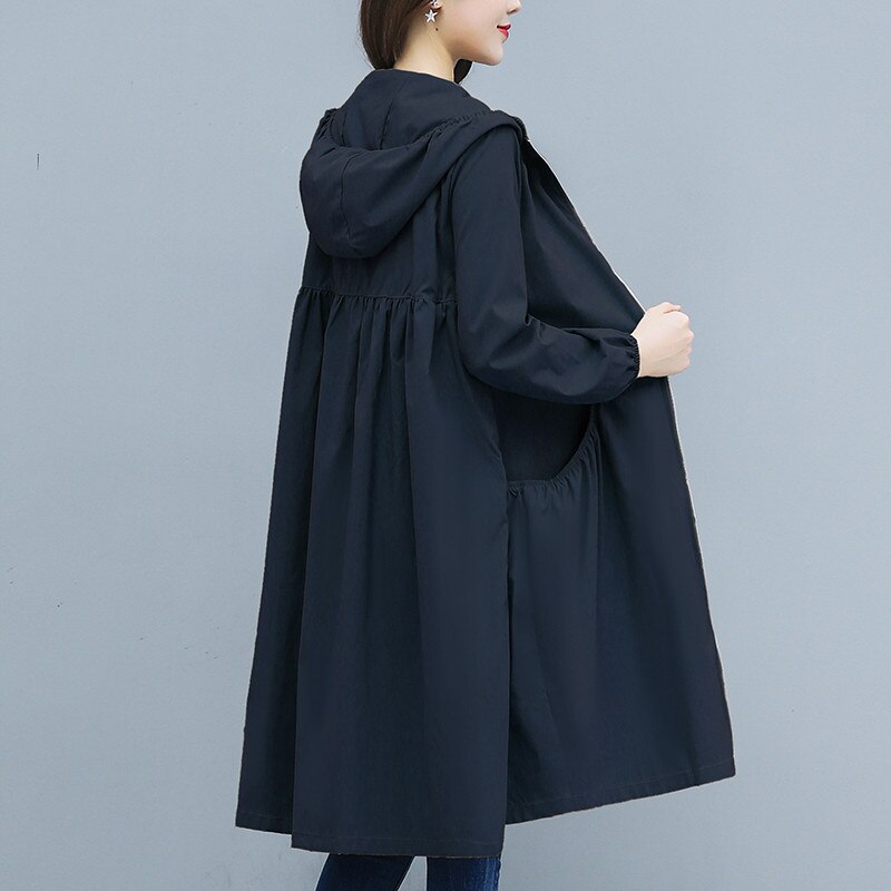 Lång kappa tunn trenchcoat dam 2022 vår höst stor storlek lös huva kvinnlig vindjacka fritids ytterkläder  r863: Blå / L