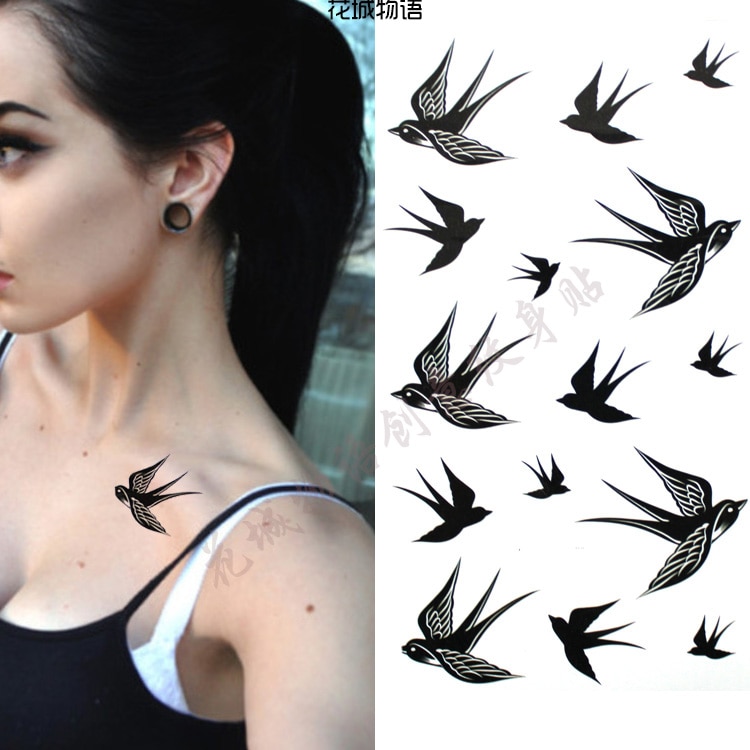 Zwart mooie swallow tattoo Body Art Waterdicht nep dier Voor Vrouw Flash TemporaryTattoo Stickers 10*20CM KD520
