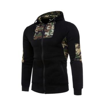 Outdoor winter antumn Men\'s army green camouflage fleece cardigan sports jogging training leisure coat teenagers: L / Black