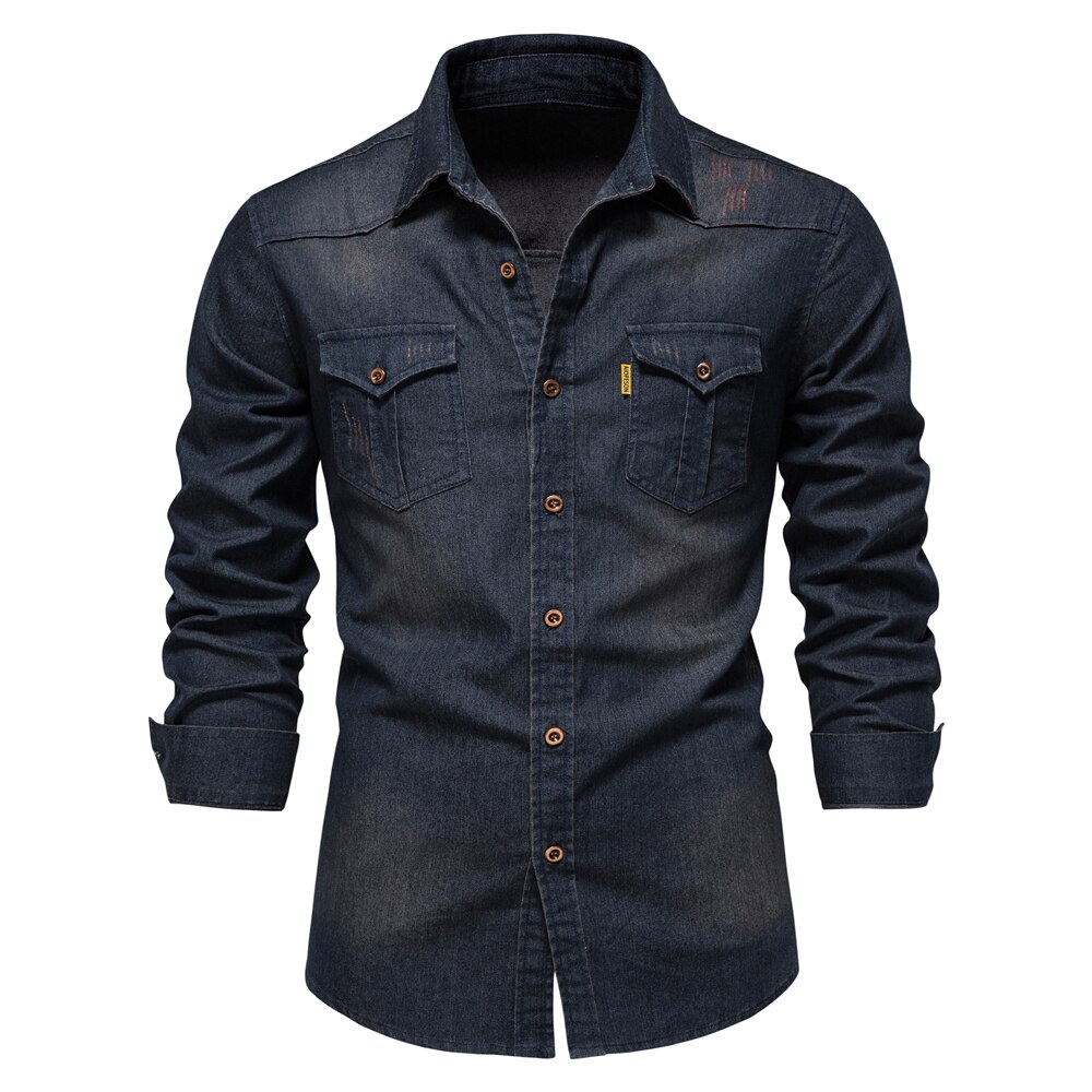 AIOPESON camisa vaquera de algodón elástico para hombre manga larga camisas vaqueras de para hombres corte ajustado informal ropa de para hombre: Navy / USA M 60-70 kg