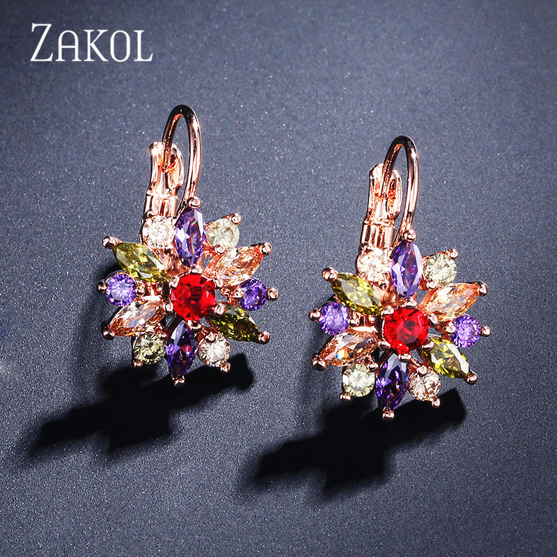 ZAKOL Fashion Rose Gold Color Flower Hoop Earrings dla kobiet CZ Crystal Zircon Earring Brincos: Złoty kolor