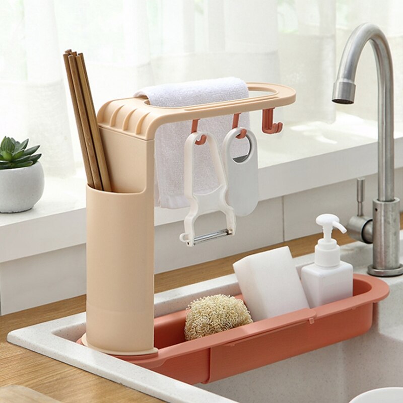 Retráctil rejilla para escurrir para fregadero de cuatro-Perchero de almacenamiento con gancho con trapo titular palillo jaula accesorios de cocina