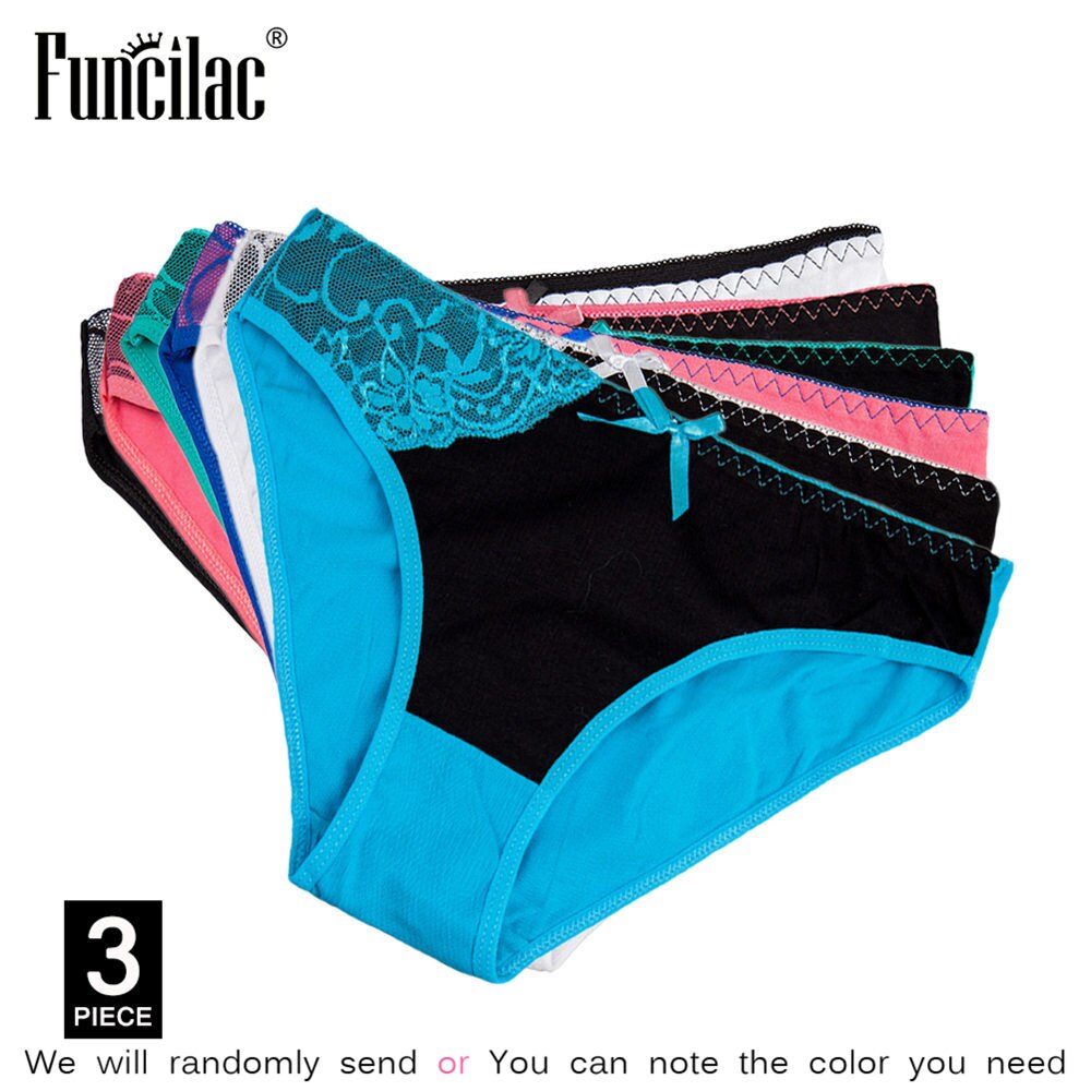 FUNCILAC Sexy Panties for Women Cotton Female Underwear Plus Size Briefs Lace Patchwork Ladies Lingerie M-XXL 3 pcs/set: M