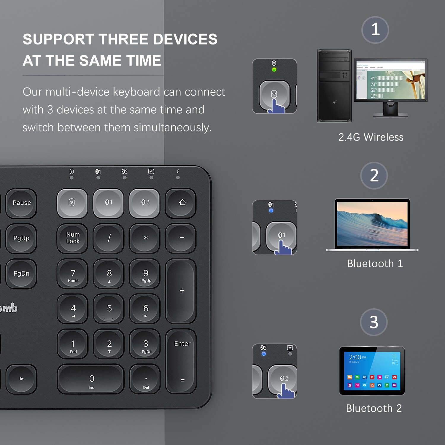 Jelly Comb Dual Mode (Bluetooth 4.2+USB ) Rechargeable 2.4G Wireless Bluetooth Keyboard Switch to 3 Devices for PC Laptop