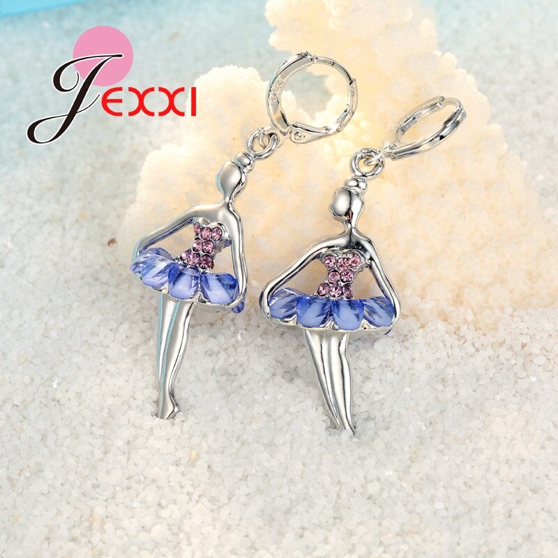 Belle Ballet danse fille avec coloré cubique Zircon robe 925 en argent Sterling bijoux ensemble collier boucles d'oreilles