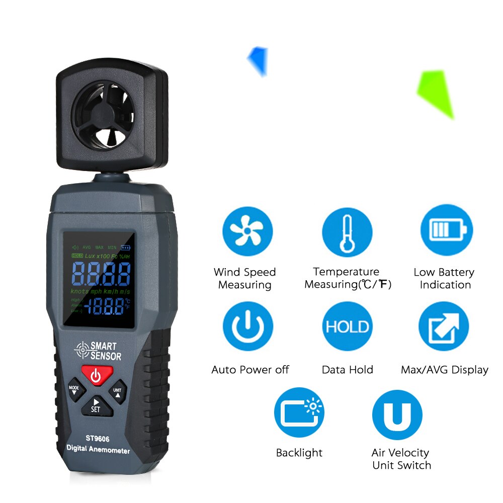 SMART SENSOR ST9606 Digital LCD Anemometer Thermometer Portable Wind Speed Measuring Meter Air Velocity Gauge with Backlight