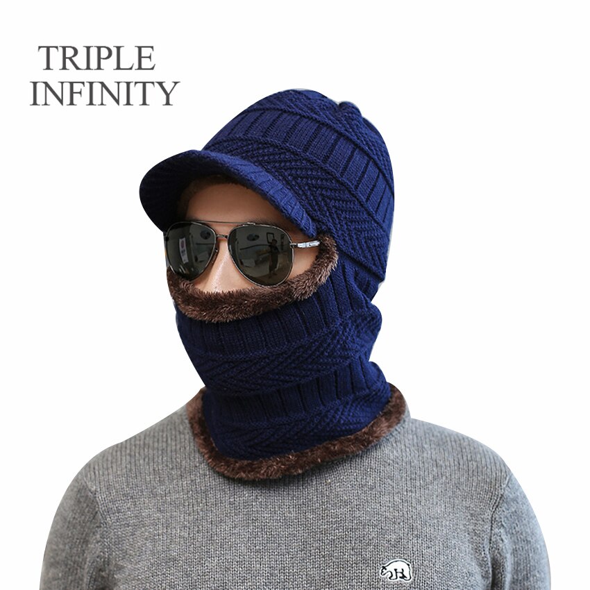 TRIPLE INFINITY Brand Skullies Beanies Winter Knitted Hat Cap Elastic Thick Skin-friendly Warm Ear Protection Bonnet Men's Hats: Hat And Scarf F