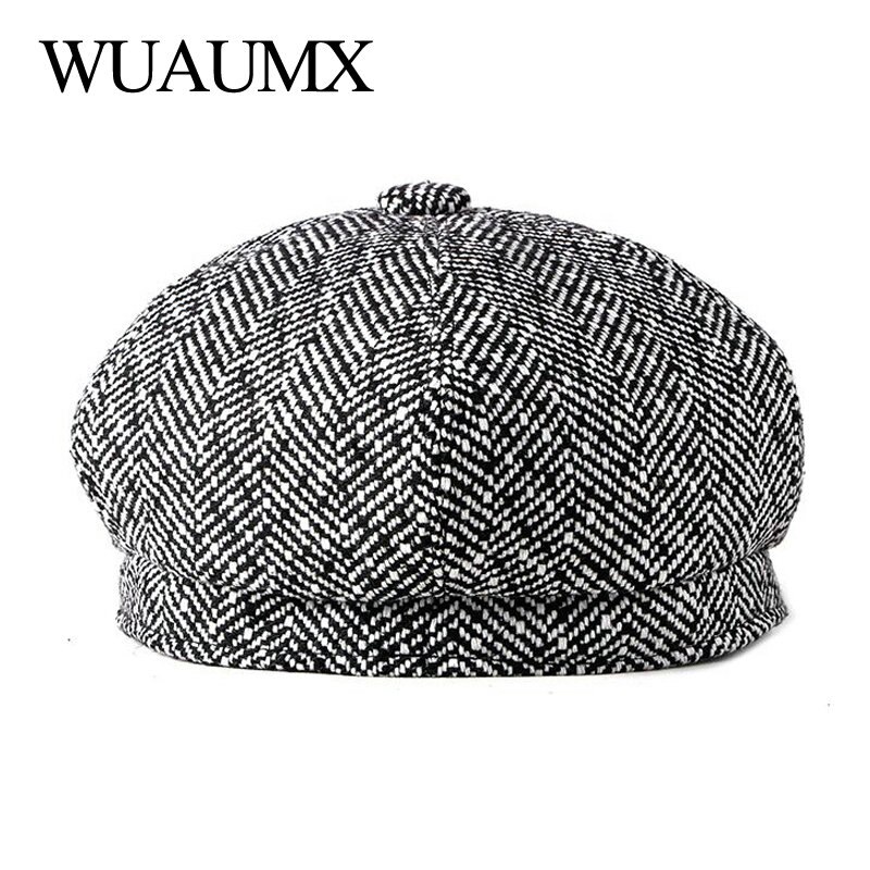 Wuaumx Newsboy Caps Men Women Tweed Octagonal Hat Eight-blade Cap Detective Hats Autumn Winter Herringbone Flat Caps chapeau