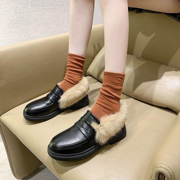 Mocassins fourrure femmes chaussures automne noir chaussures plates talons bas femmes décontracté femme baskets bout rond Style britannique: 37
