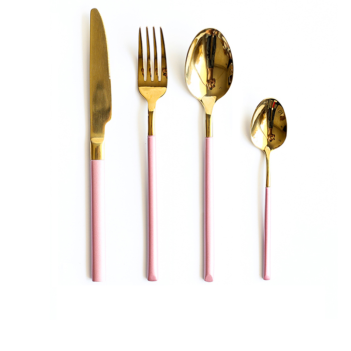 Spejl guld stål bestik sæt spisestel gaffel ske kniv sæt western restaurant rustfrit stål bordservice ske og gaffel sæt: Lf7 pinkgold 1 sæt
