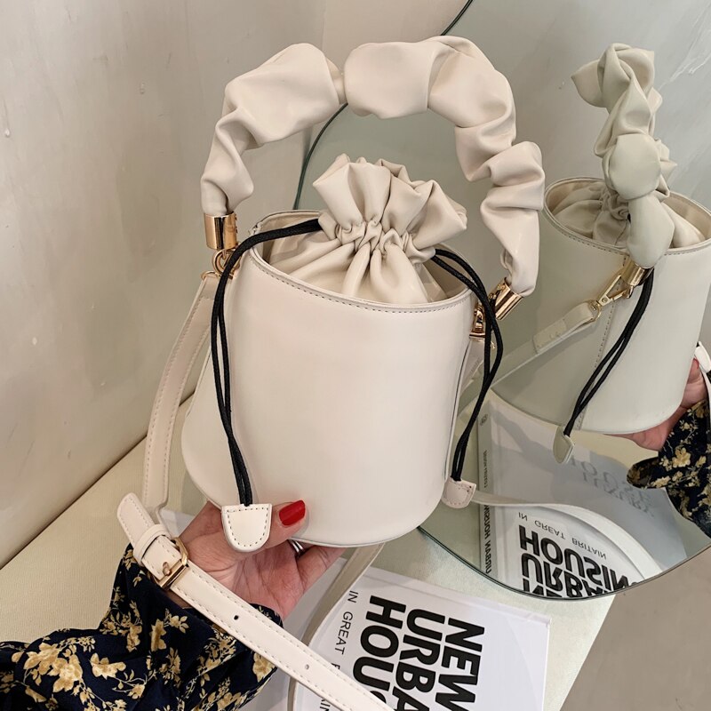 Solid Color PU Leather Women Drawstring Bucket Bags Ladies Small Shoulder Crossbody Bag Female Mini Handbag Purse