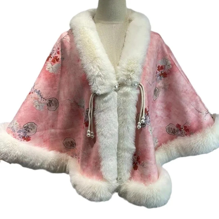 Poncho Mantel Schal Damen Herbst Winter Kurzer Druck Plüsch Verdickter Nachahmung Kaninchenfell Kragen Cheongsam Hochzeit Cape Mantel: Black
