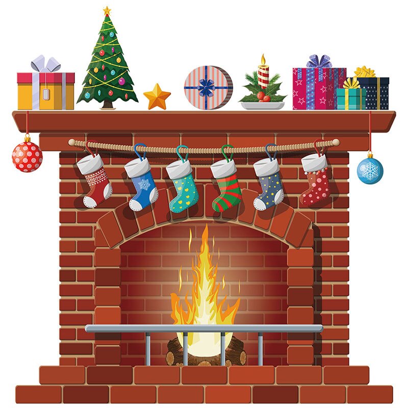 Cartoon Fireplace Wall Stickers Christmas Sticker for Living Room Kids Room Bedroom Wall Decal Home Decoration Home Decor: Default Title