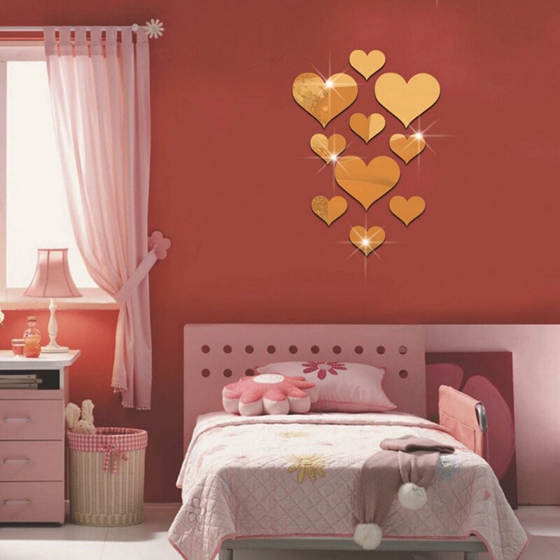 10pcs Love Heart Mirror Wall Sticker Acrylic 3D Mural Decal Removable Bedroom Decoration Wallpaper DIY Decal Art Home Stickers