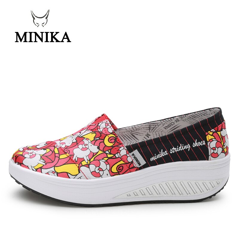 MINIKA Canvas Print Women Swing Shoes Height Increasing Shoes Health Slip-On Shoes Comfort Women Toning Shoes