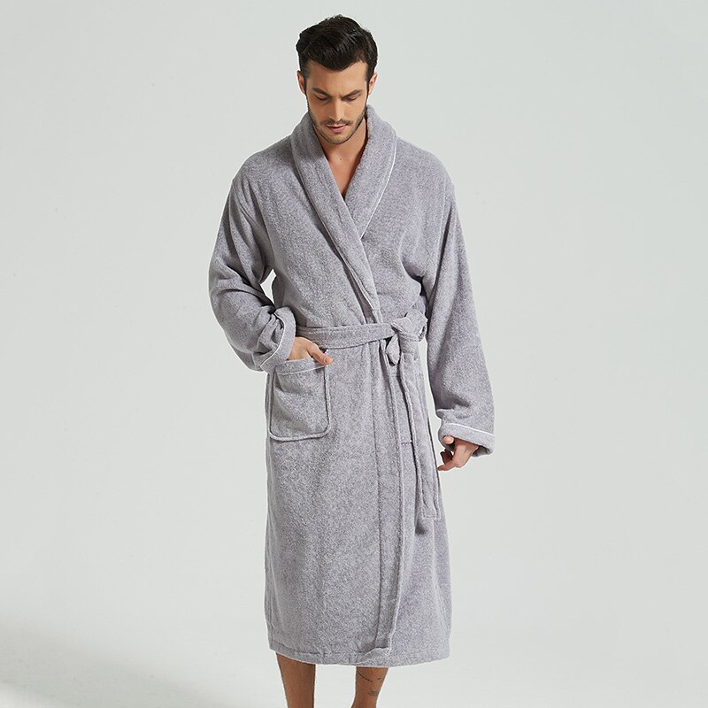 Men Bathrobe Cotton Towel Kimono Autumn Thick Warm Towel Fleece Terry Sleepwear Long Robe Hotel Spa Soft Long White Bath Robe: GREY / XXL