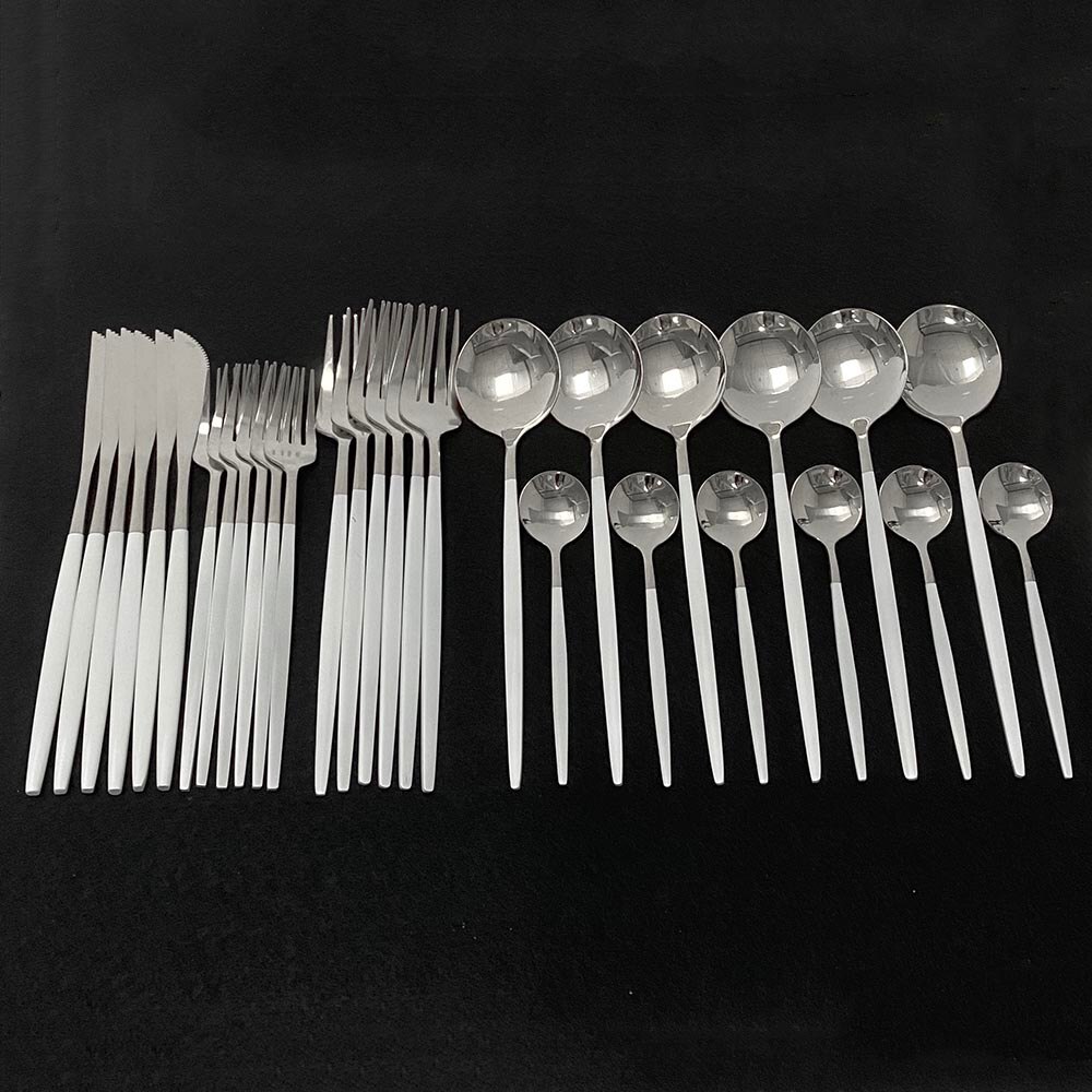 30pcs Dark Green Dinnerware Set 18/10 Stainless Steel Cutlery Set Flatware Tableware Set Dinner Knife Fork Spoon Dishwasher Safe: White Silver