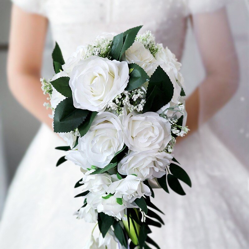 cascada Borgoña ramo blanco Artificial púrpura Ramos de flor Rosa boda accesorio para novia con flores