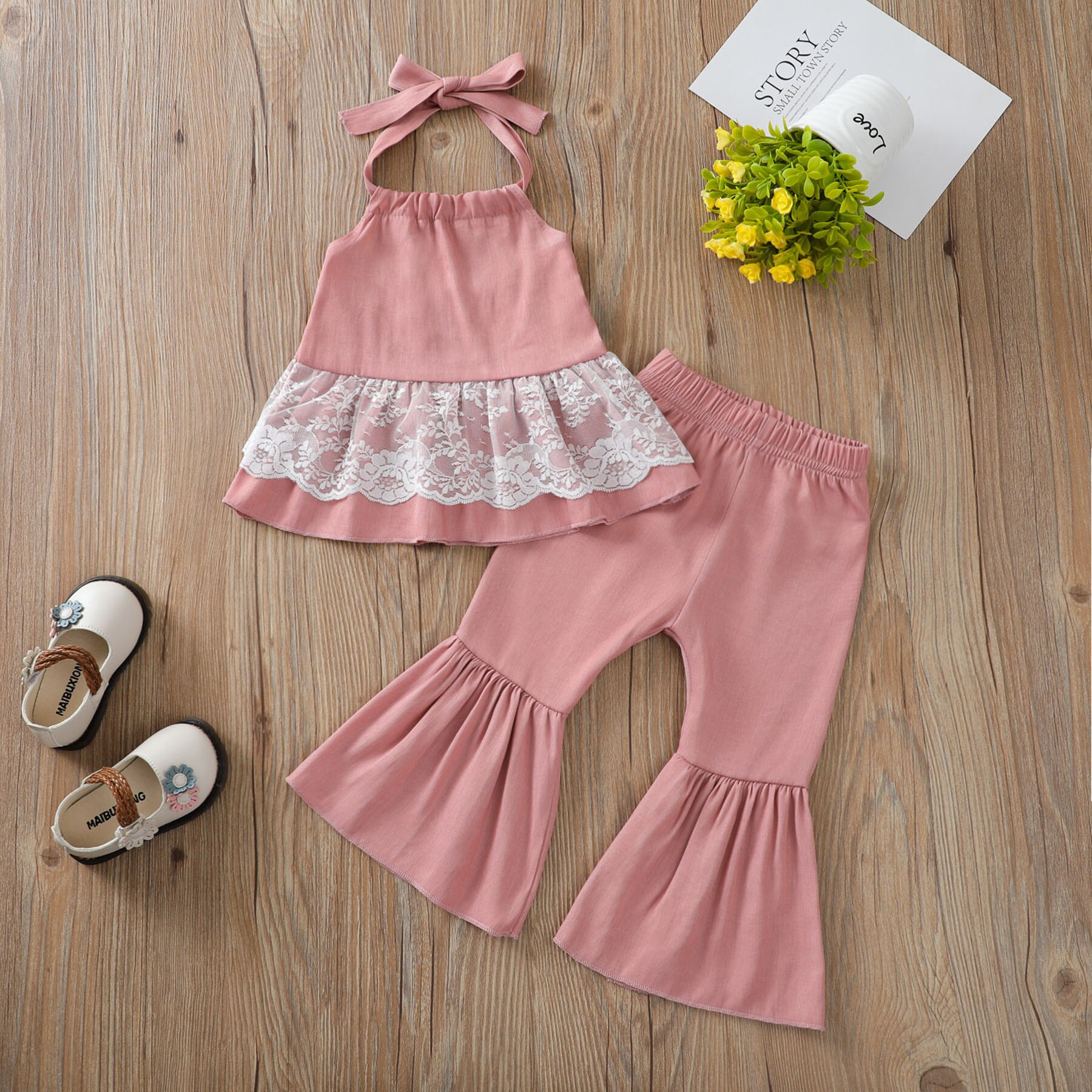2 pezzi vestito da bambina dolce stile pizzo impunture senza maniche appeso collo top + pantaloni tinta unita a campana lunga Set 6M-3T