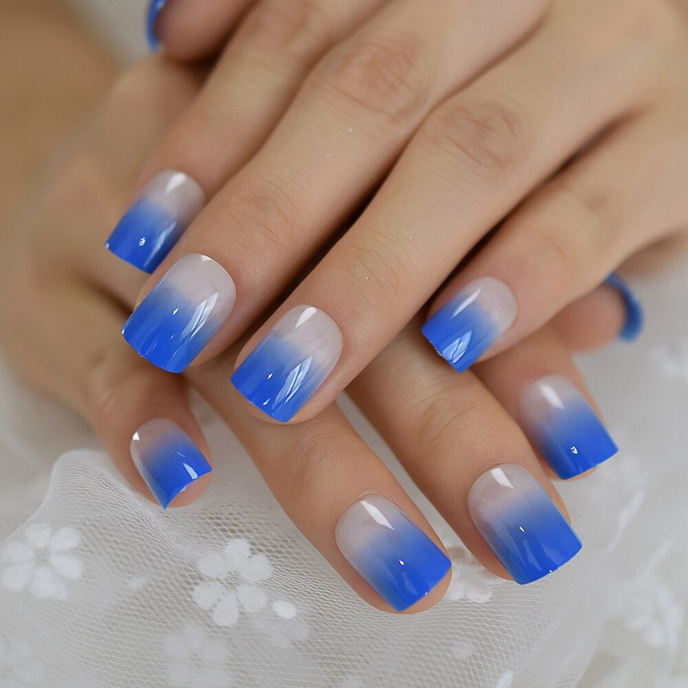 Faux-ongles pour French manucure, bleu diamant, Ombre, à pression, carré brillant, par les dames, 24 Ct