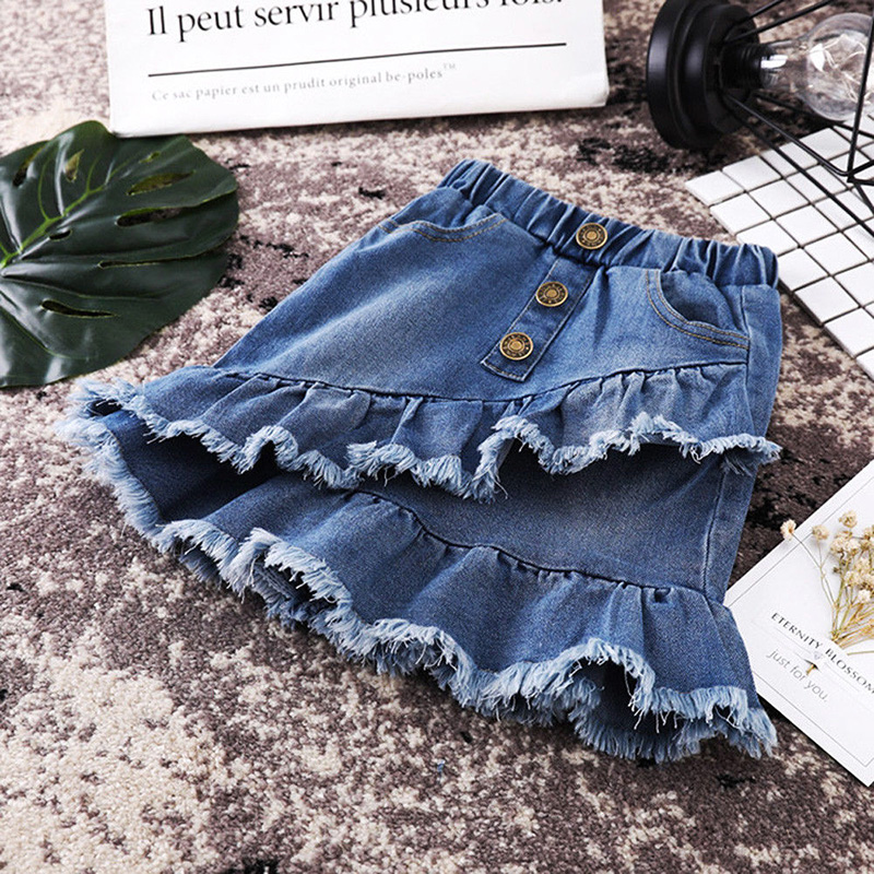 Peuter Kids Meisjes Denim Rok Blauw Korte Knop Ruc Grandado