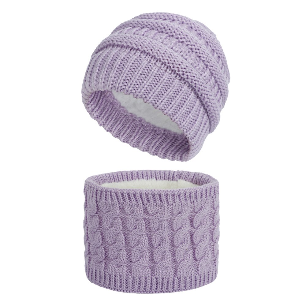 Winter Children's Skullies Hat Scarf Set Thick Knitted Kids Two pieces Fluffy Hats Scarf Sets Solid Warm Cap Girls boys Hats: purple