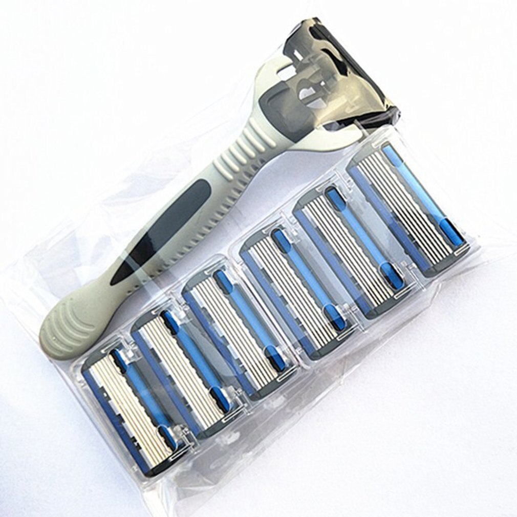 6 lags barbermaskine 1 barberbladsholder  + 7 blade udskiftning af barberhoved kassette barberkniv sæt blå ansigtskniv til mand