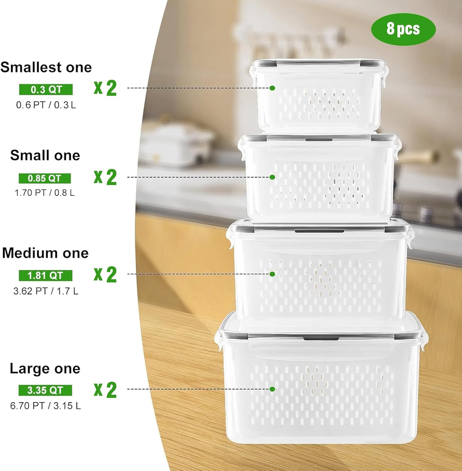 Fruit Storage Containers for Fridge with Removable Colander, Airtight Food Storage Container, Dishwasher Safe Produce Saver Cont