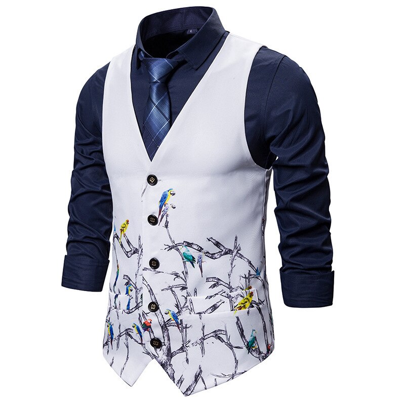 Herfst- en winterherenvest 3d vest met vogeltakprint herenkostuumvest trouwvest  mj165