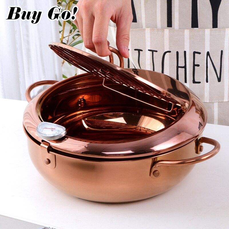 Olla de acero inoxidable con termómetro y tapa, sartén japonesa de Tempura profunda, práctica, utensilios de cocina seguros