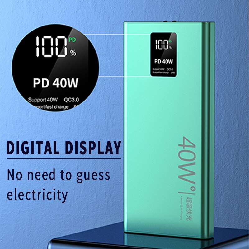 40W Fast Charging Power Bank 20000mAh Portable Digital Display External Battery Built in Cables with Flashlight for iphone Xiaom