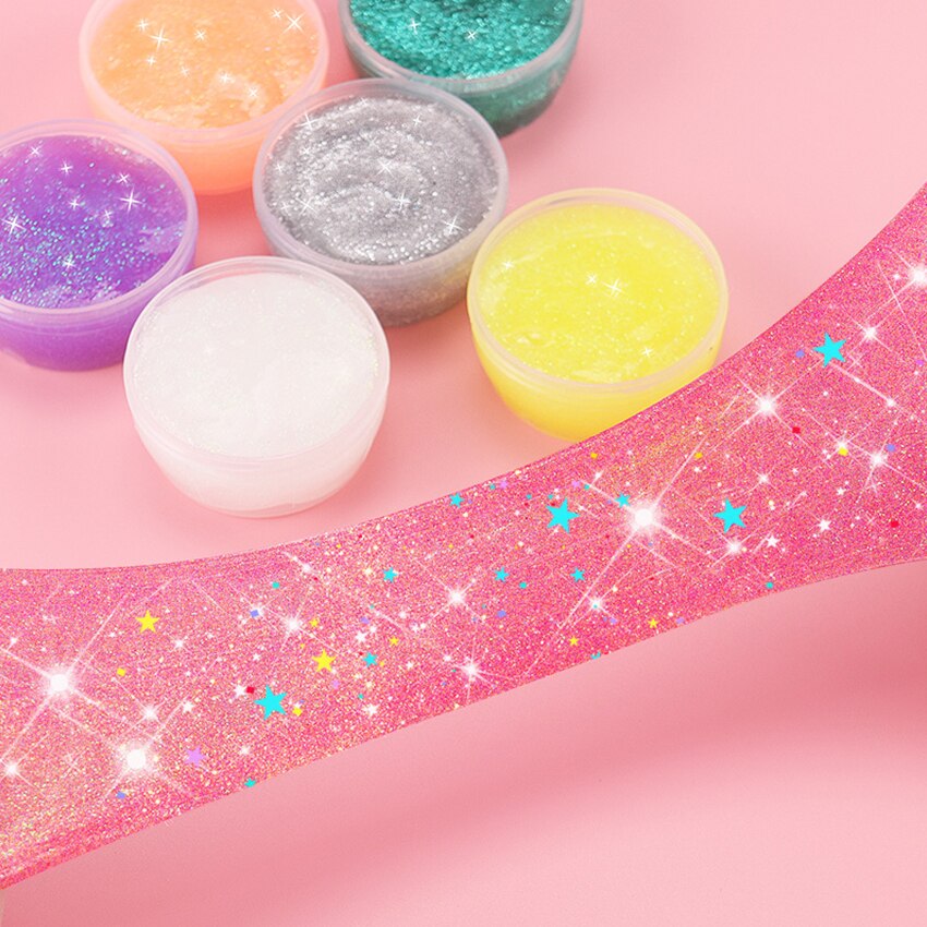 Skinnende glitter slim diy legetøj til børn slimet gloop stretchy ler legetøj lyse farver sat til kreativitet lille krukke