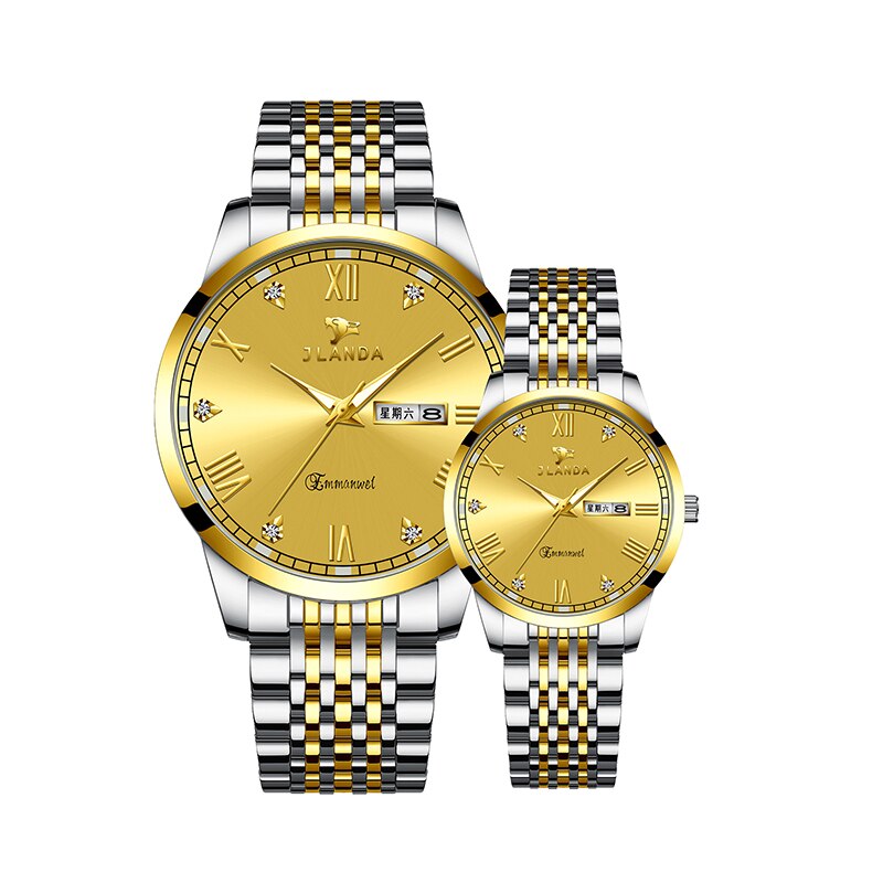 Reloj de lujo para parejas, relojes de pulsera de cuarzo dorados de , de acero inoxidable, analógicos, para mujeres y hombres: Silver Gold