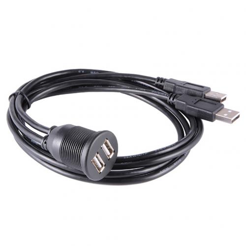 Car Truck Dashboard Flush Mount Dual USB Male to Female Extension Cable Kit: Black 2M