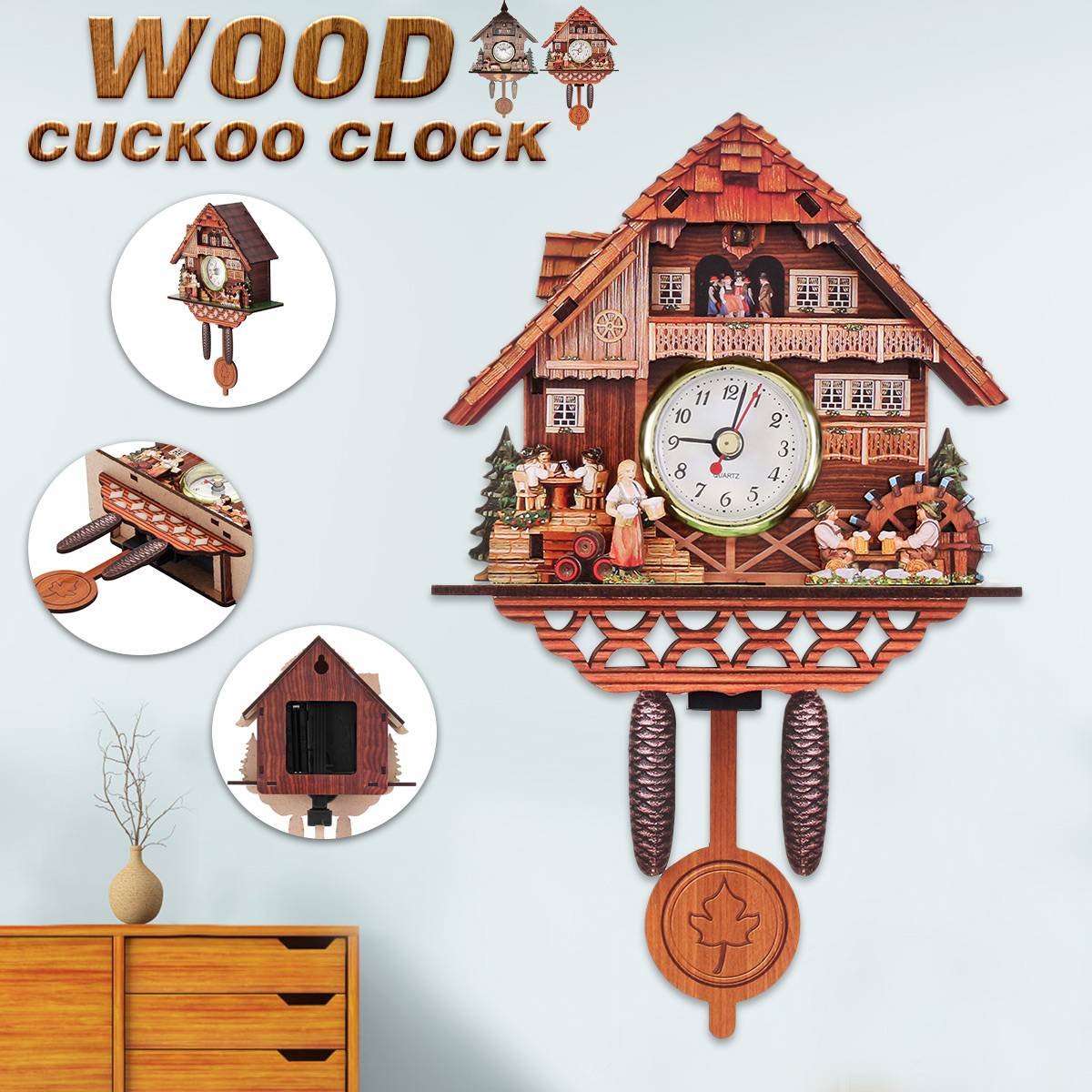 Cuckoo Clock Mount Wooden Wall Clock Alarm Clock Hanging Time Analog Auto Swinging Clock Pendulum Home Decorations